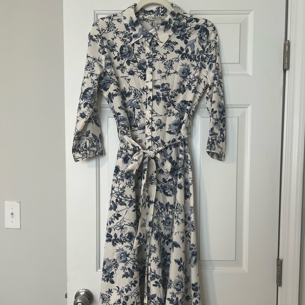 Floral Button-Front Midi Shirt Dress - Blue on White